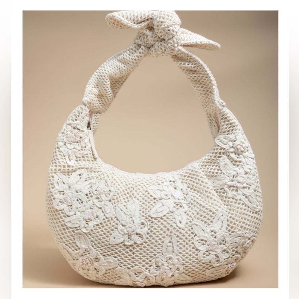 Francesca's Collections Cream Floral Crochet Hobo Bag